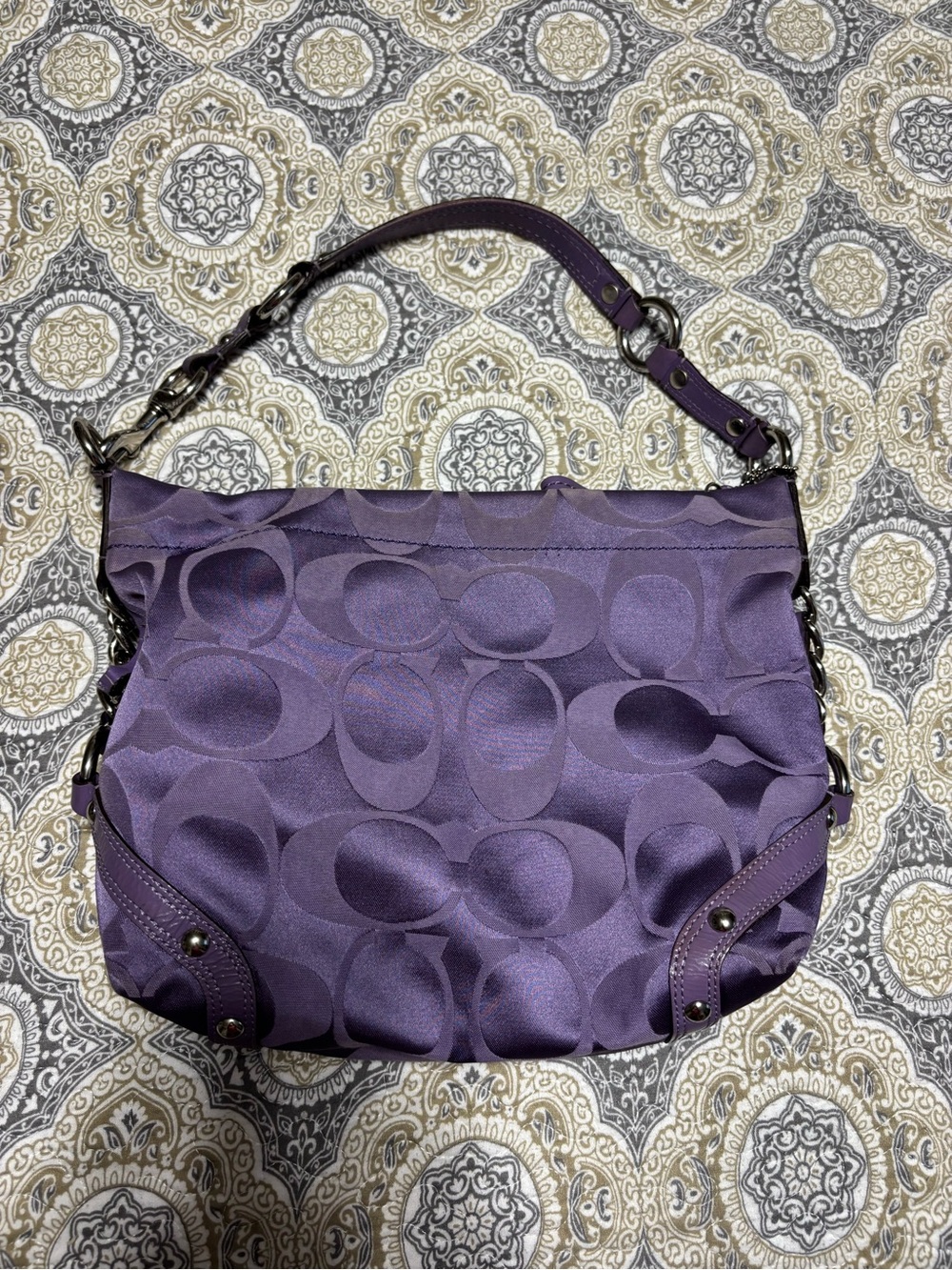 Coach Purple Signature Jacquard Hobo Bag with Leather Trim